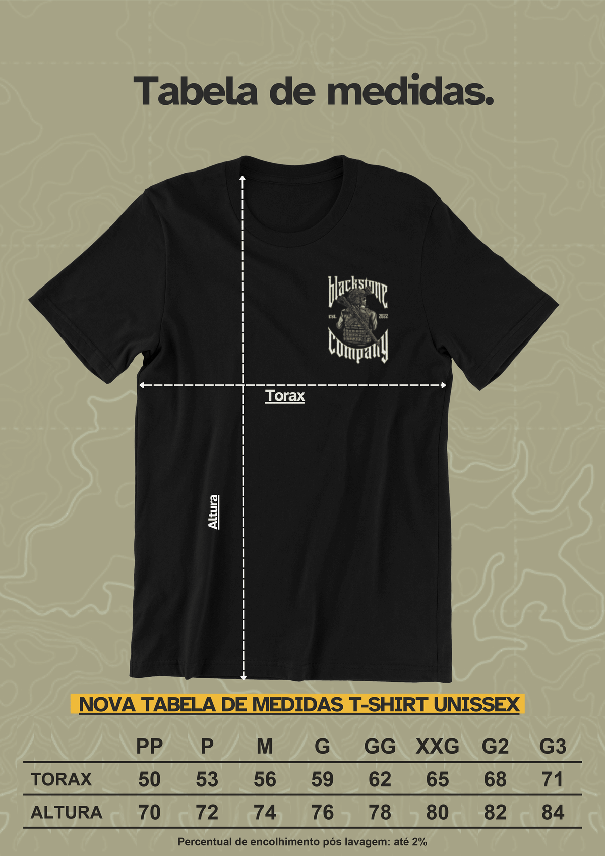 Tabela de medidas Camiseta Plate BKST Blackstone Brasil, PP ao G3